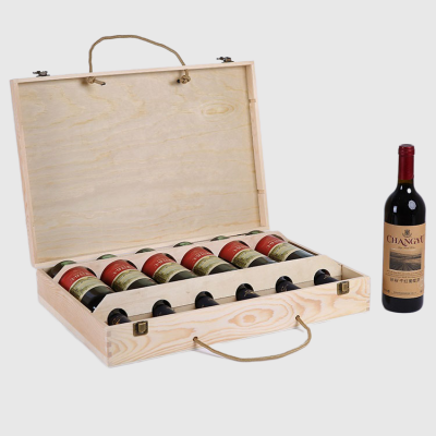 Flat 6 Bottle Wooden Wine Boxes with Hinged Lid