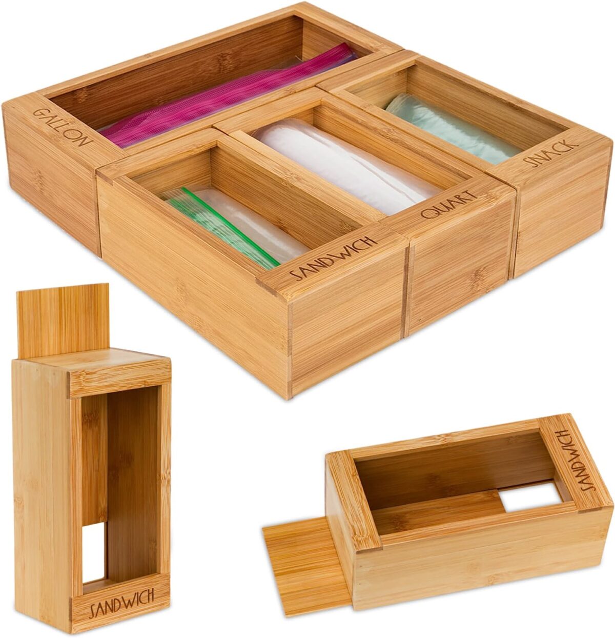 Bamboo Ziplock Bag Storage Organizer and Dispenser purplewares for